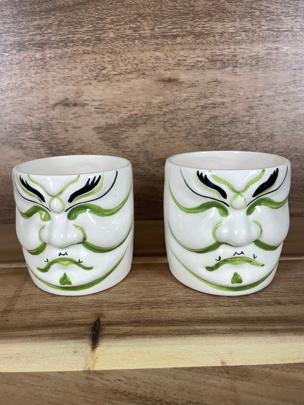 2 Vintage Japanese Kabuki Mask Ceramic Tea Cups Hand Painted Theater Decor Set